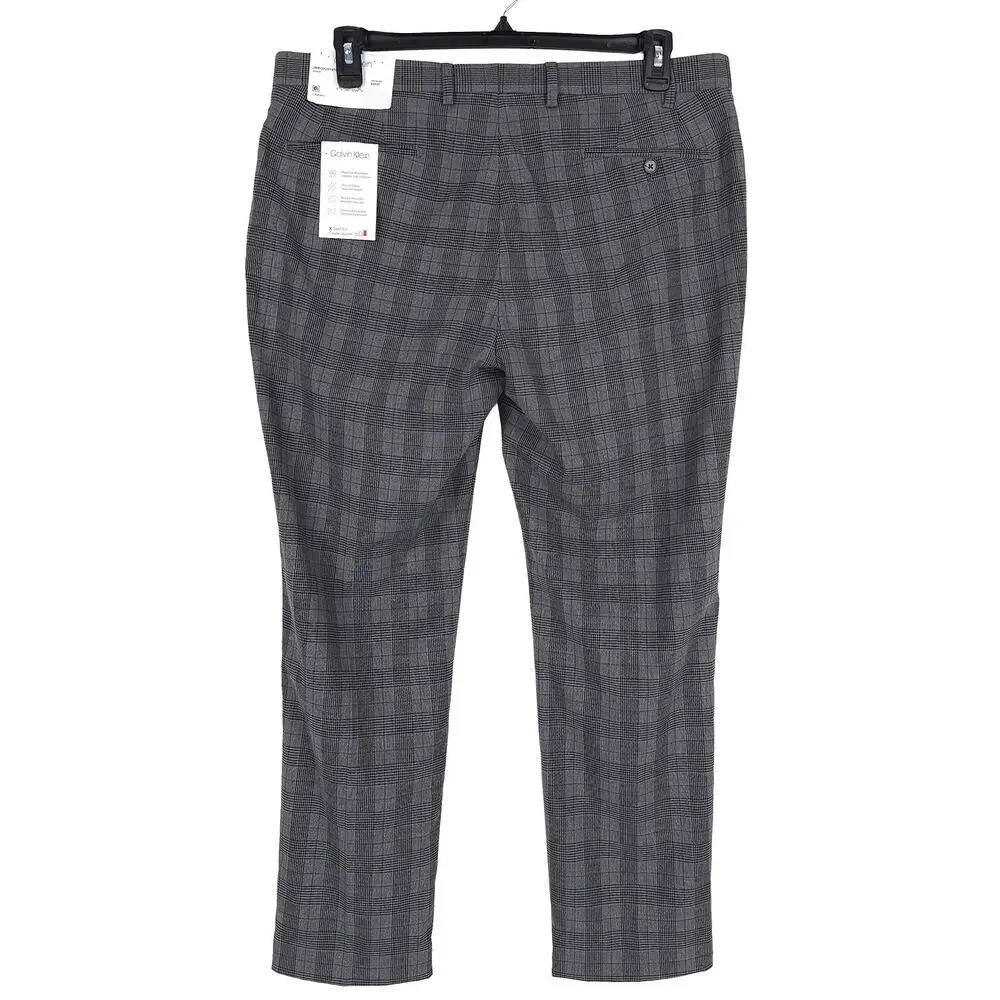 Calvin Klein Mens Slim Fit Dress Pants 38x30 Grey Black Plaid Stretch NWT